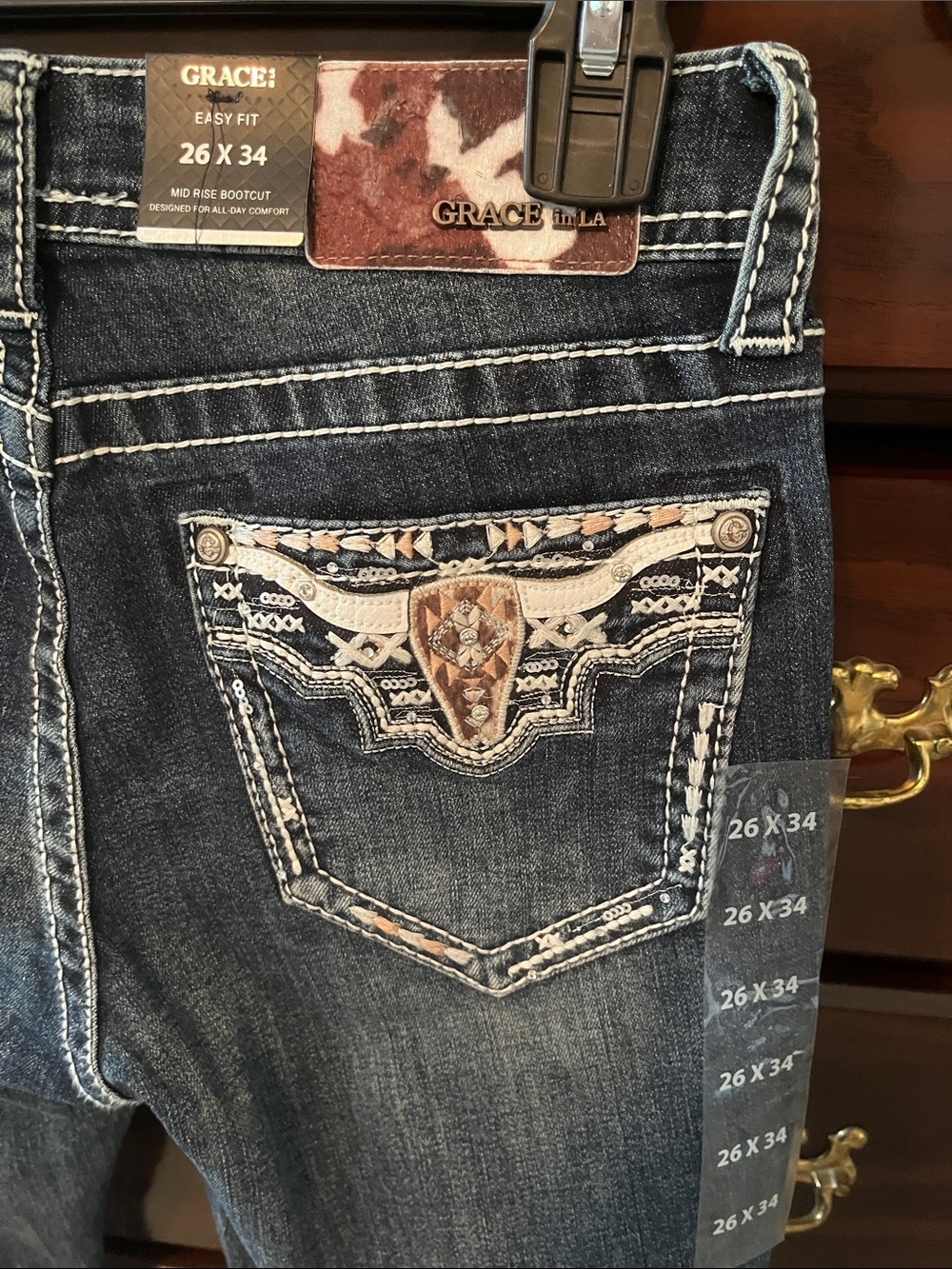 Grace in LA Dark Blue Bootcut Jeans with Embroidered Pocket